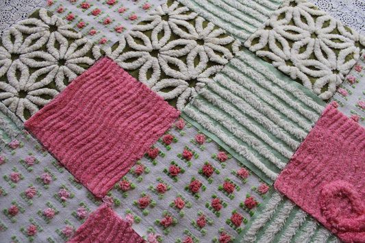 Vintage Chenille Fabric Squares, Olive Daisy & Rosebud Fresh Cut Roses Colors, 16 Blocks, 6" x 6" inches, Coordinated Shades of Green, Pink