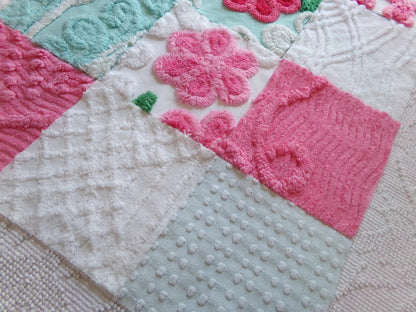 seafoam & pink 6" chenille squares, set of 16 quilt blocks rotary cut from vintage chenille bedspread fabrics