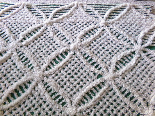 Plush Lush Green & White Vintage Chenille Fabric, 18" x 26" inch Piece, Wedding Ring Design for Christmas Crafts, Pillows, Quilts