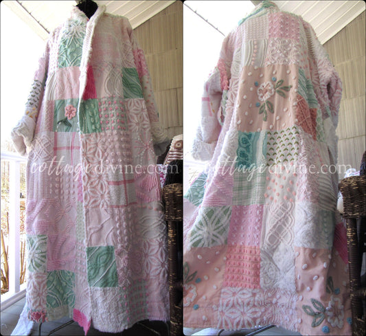 Patchwork Rag Quilt Vintage Chenille Coat Robe Heirloom Women's Plus Size Bathrobe, Flannel Lined