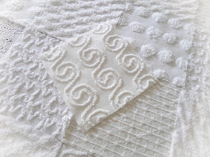 serene snowfall vintage chenille fabric squares, set of 16 white 6" quilt blocks, upcycle in handmade quilts, sewing projects
