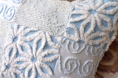 Beach Cottage Chenille Pillow Cover 16" x 16" inch Square, REVERSIBLE Patchwork Blue Accent Pillow from Vintage Chenille Bedspread Fabric
