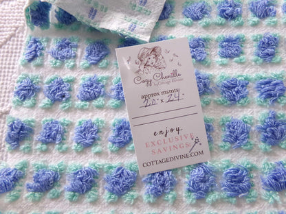 periwinkle blue rosebud chenille fabric, 20" x 24" inch piece cut from NOS vintage chenille bedspread, lovely blue roses quilt material