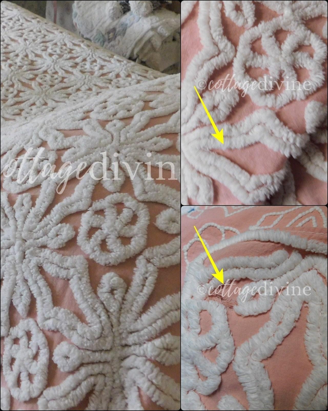 Nostalgic Vintage Chenille Bedspread Pinwheel Rose Snowflake Pattern by Hofmann Textiles, Full Size Bedding