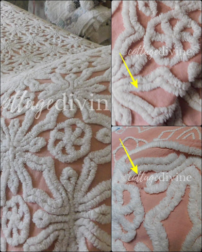 Nostalgic Vintage Chenille Bedspread Pinwheel Rose Snowflake Pattern by Hofmann Textiles, Full Size Bedding