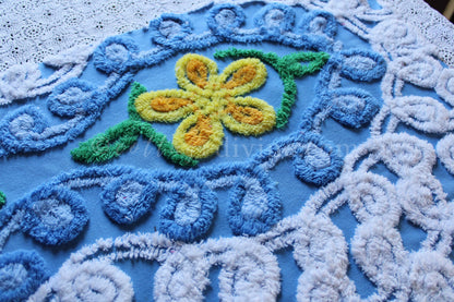 Sky Blue Swirls Vintage Style Chenille Fabric, 16" x 28" Inch Floral Piece, White Curlicues
