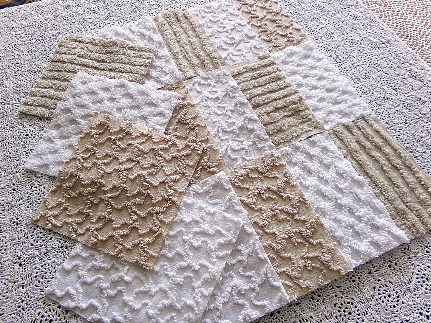 On Trend Neutral Chenille Fabric Squares for Quilting & Crafts in Versatile Sand, Vintage Mocha, White - 16 Rotary Cut Blocks, 6" x 6" inch