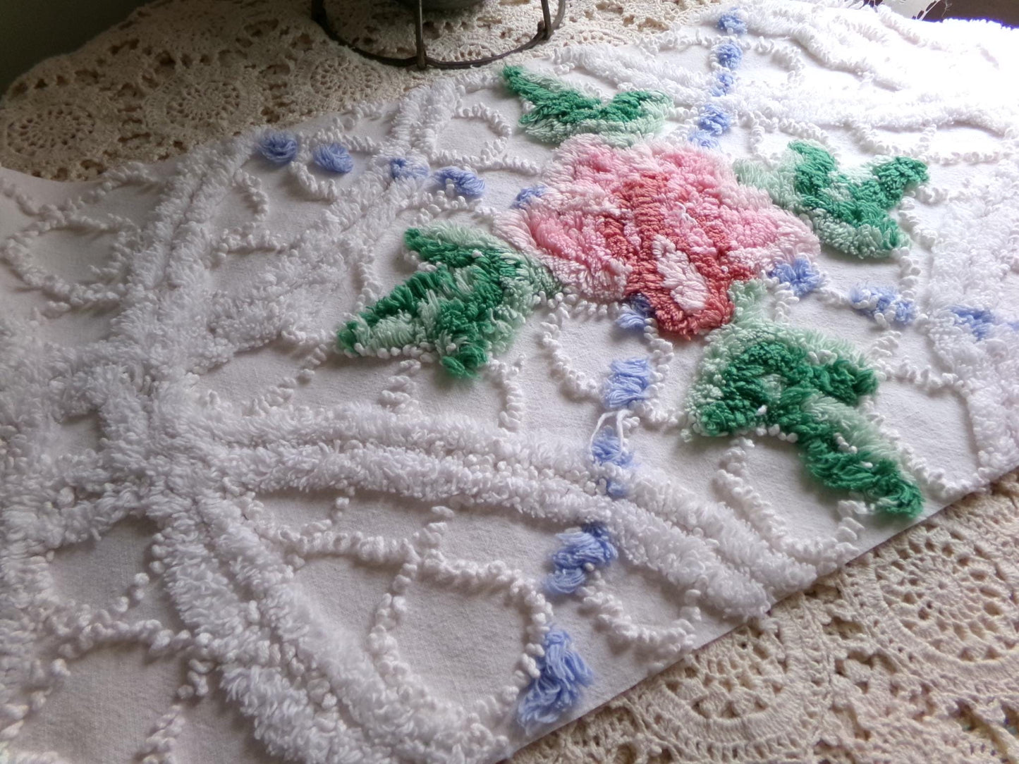 cute plush pink rose fabric piece, vintage tufted chenille cottage style sewing material, 10.5" x 22" inches