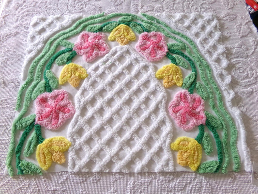 plush peony tulip floral arch vintage chenille fabric, colorful cheerful 1950s sewing material, 18" x 22" inch piece