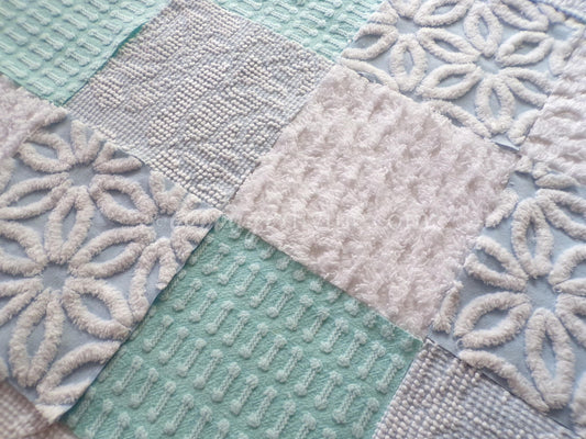 Barefoot on the Beach Chenille Quilt Squares Set from Vintage Bedspread Fabric, 16 Blocks, 6" x 6" inch, Coastal Blues & White