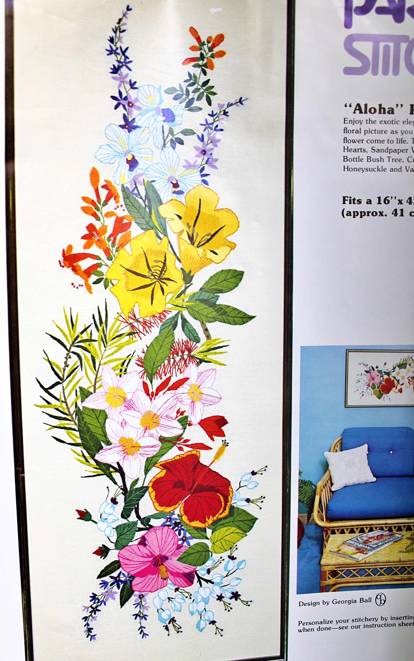 Boho Hawaii ALOHA Crewel Embroidery Kit, Vintage Paragon Stitchery #0101, 16" x 42" Large Tropical Floral Wall Hanging, Georgia Ball Design