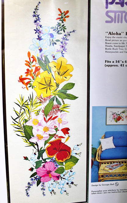 Hawaii ALOHA Crewel Embroidery Kit, Vintage Paragon Stitchery #0101, 16" x 42" Large Tropical Floral Wall Hanging, Georgia Ball Design
