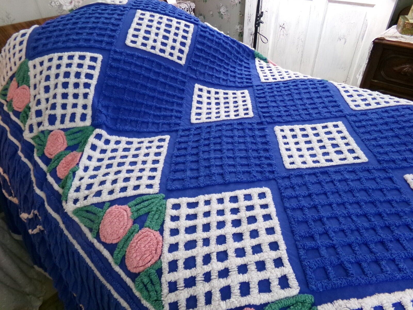Regal Blue Vintage Chenille Bedspread, Pink Rosettes & White Waffle Tufts, Full Size
