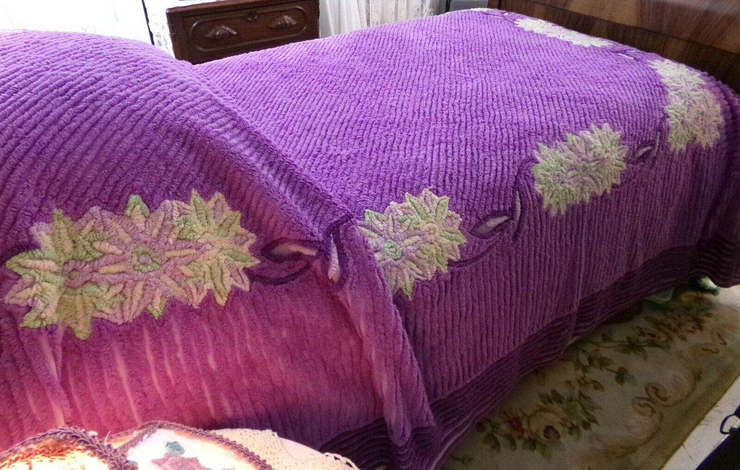 Plush Purple Passion Vintage Chenille Bedspread, Green Lily Floral Full Size Bedding