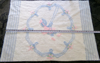 vintage chenille fabric panel: carefree little girl on swing in cameo of pink lilies, 28" x 38" large cut piece