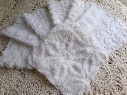 cherub feathers white chenille fabric squares, cut from vintage chenille bedspreads in popular patterns, set of 16 quilt blocks, 6" inch ea