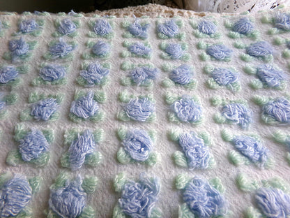 Heavenly Blue Rosebud Vintage Chenille Fabric, Morgan Jones Rose Design, 24" x 18" inch Piece, Angelic Raised Roses on White