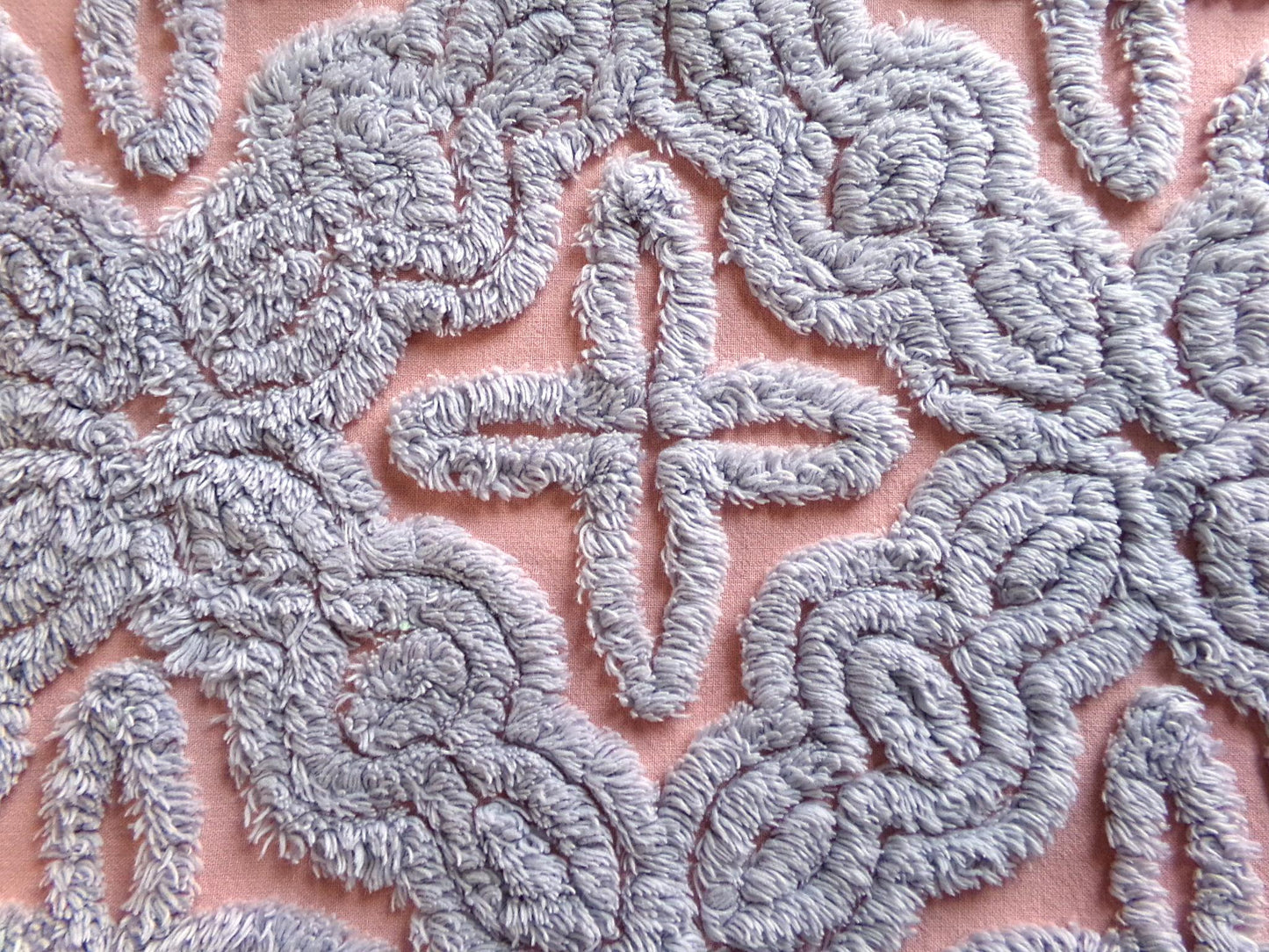 mystic star vintage chenille fabric, plush dusty blue on dreamy pink cotton, for quilting & crafts, 25" x 18" cut piece