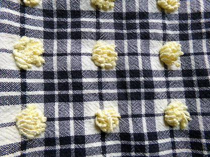 unique black plaid vintage chenille fabric, 18" x 24" piece of sewing material w/ yellow pops