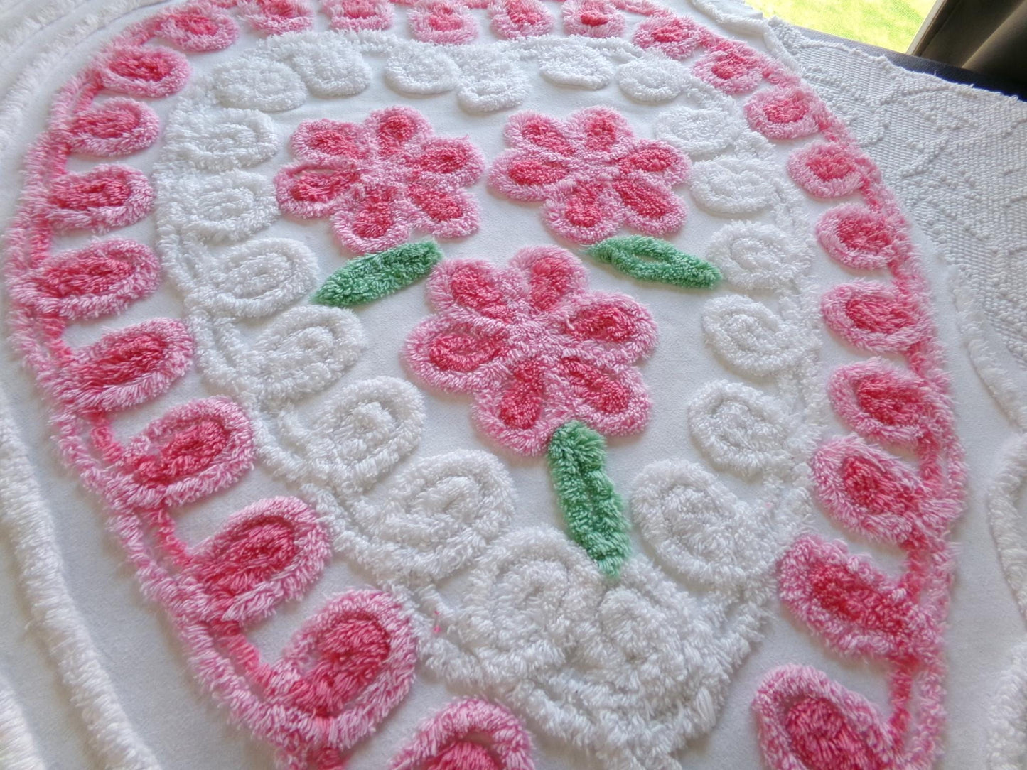 pink heart vintage chenille fabric, shabby cute rose trio on white, 24" x 23" piece of sewing material for pillows, quilts, wall hanging