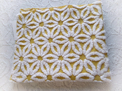 boho style vintage chenille fabric, white daisy on harvest gold, 20" x 24" inch piece of cotton sewing material for quilting & crafts
