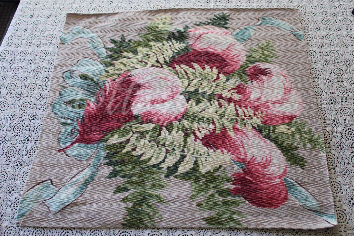 Divine Feathery Pink Plume Vintage Barkcloth Fabric, 19" x 19" inch Piece, Botanical Floral Print on Cool Grey, Great for DIY Pillows