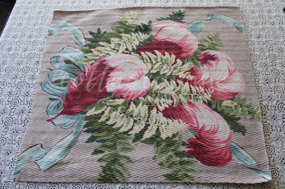 Divine Feathery Pink Plume Vintage Barkcloth Fabric, 19" x 19" inch Piece, Botanical Floral Print on Cool Grey, Great for DIY Pillows