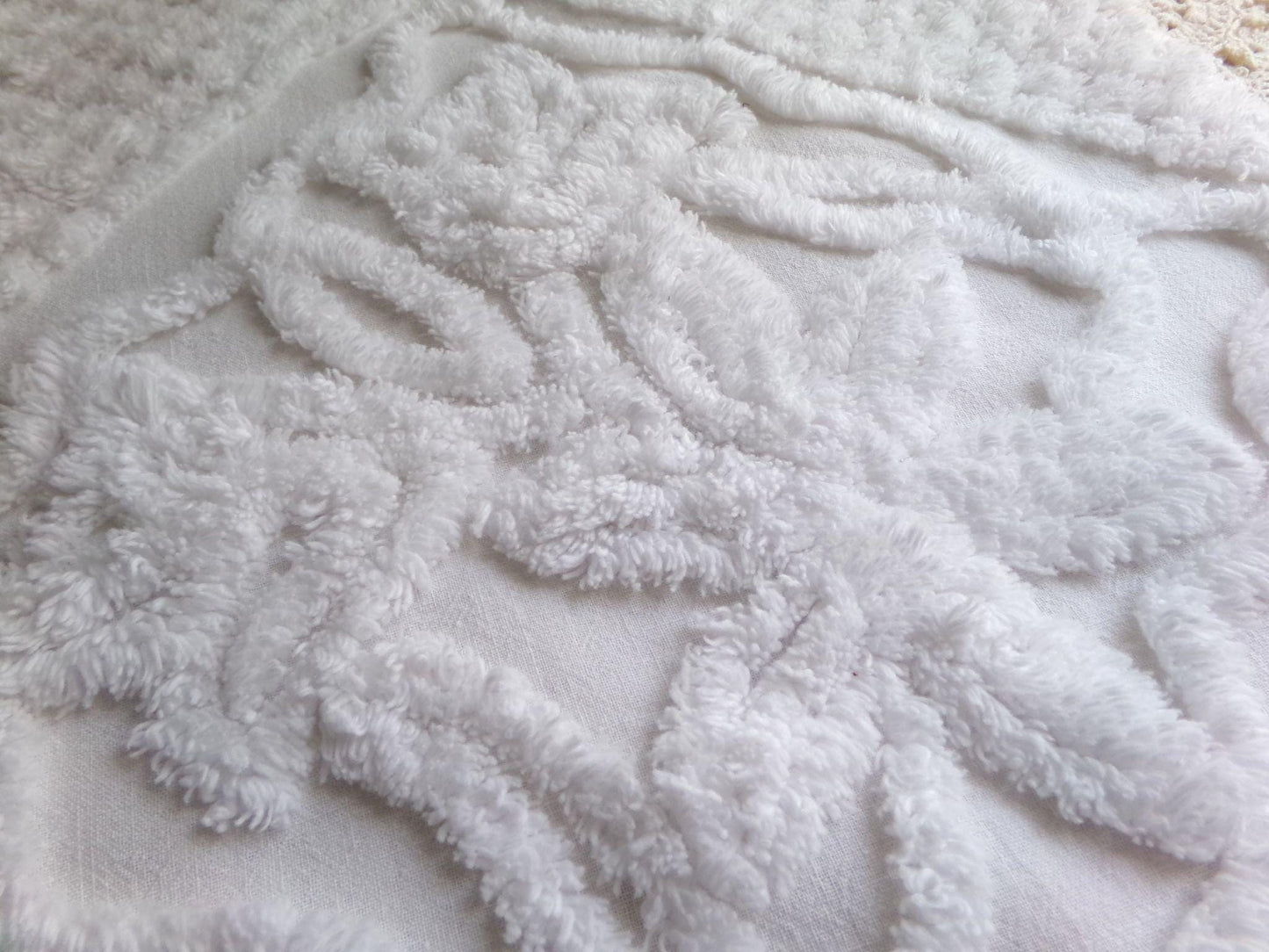 soft white lily chenille fabric, elaborate squiggle floral grid design, 20" x 25" inch piece shabby vintage cotton sewing & quilt material