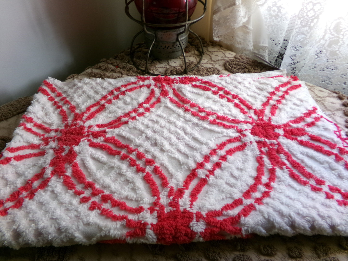peppermint candy vintage chenille fabric, red & white wedding rings, 100% cotton, 20" x 25" inch piece, great in Christmas stockings, quilts