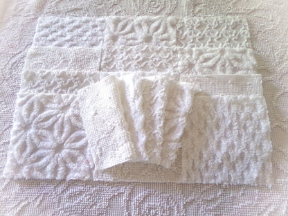 Snow Baby Chenille Fabric Squares Set of 16 White Quilt Blocks, 6" x 6" inches each, Diamond, Squiggle Daisy & Hobnail Texture Patterns
