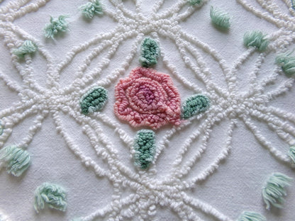 Pink Rose Garden Vintage Chenille Fabric, 18" x 25" Piece, Lovely Pink Florals in White Wedding Rings with Green Pops, 100% cotton material