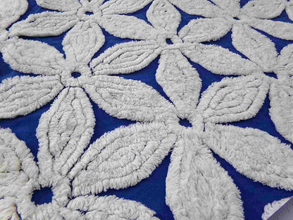 vintage chenille fabric, big beautiful white daisies on dramatic cobalt blue, 20" x 24"' inch piece, plush abstract coastal floral pattern