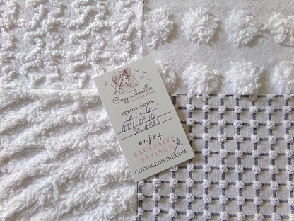Blizzard White Vintage Chenille Fabric Squares, Diamond Ice, Coin Pop, Squiggle & Micro Grid, Set of 16 Quilt Blocks, 6" x 6" inch each