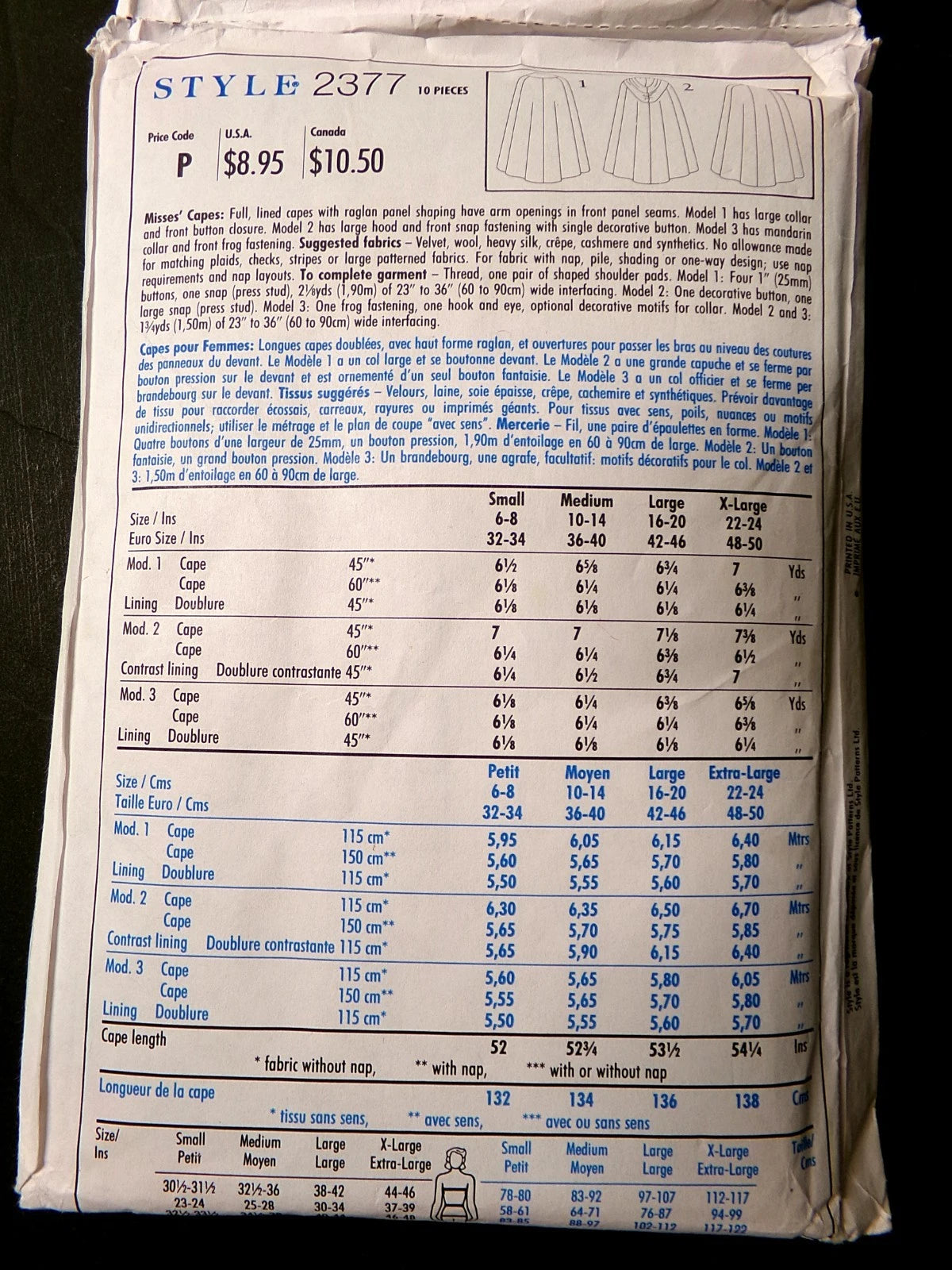 Vtg Style Sewing Pattern 2377 Hooded Cape Size S-M-L-XL UNCUT OOP 1993 Glamour