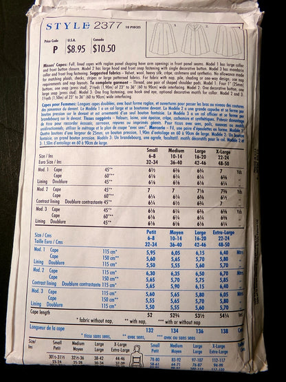 Vtg Style Sewing Pattern 2377 Hooded Cape Size S-M-L-XL UNCUT OOP 1993 Glamour