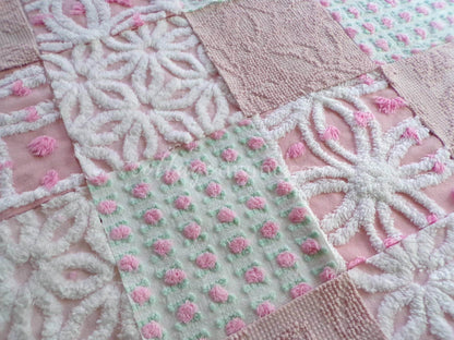 angel pinks vintage chenille fabric squares, rosebuds, daisy patterns, set of 16 quilting blocks, 6" x 6" each, pretty in patchwork pillows