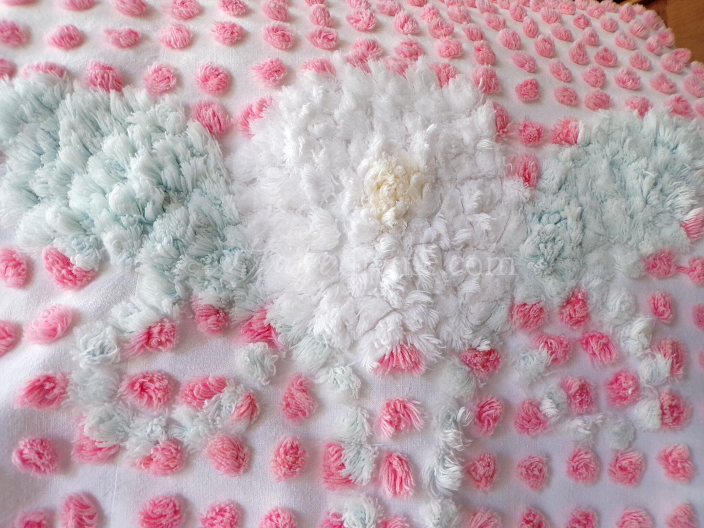 Angelic White Lily Cupcake Pink Pops Handtufted Vintage Chenille Fabric, 21" x 28" inch antique piece, Beautiful in DIY Pillows