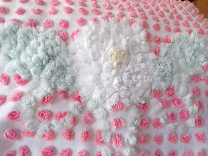 Angelic White Lily Cupcake Pink Pops Handtufted Vintage Chenille Fabric, 21" x 28" inch antique piece, Beautiful in DIY Pillows