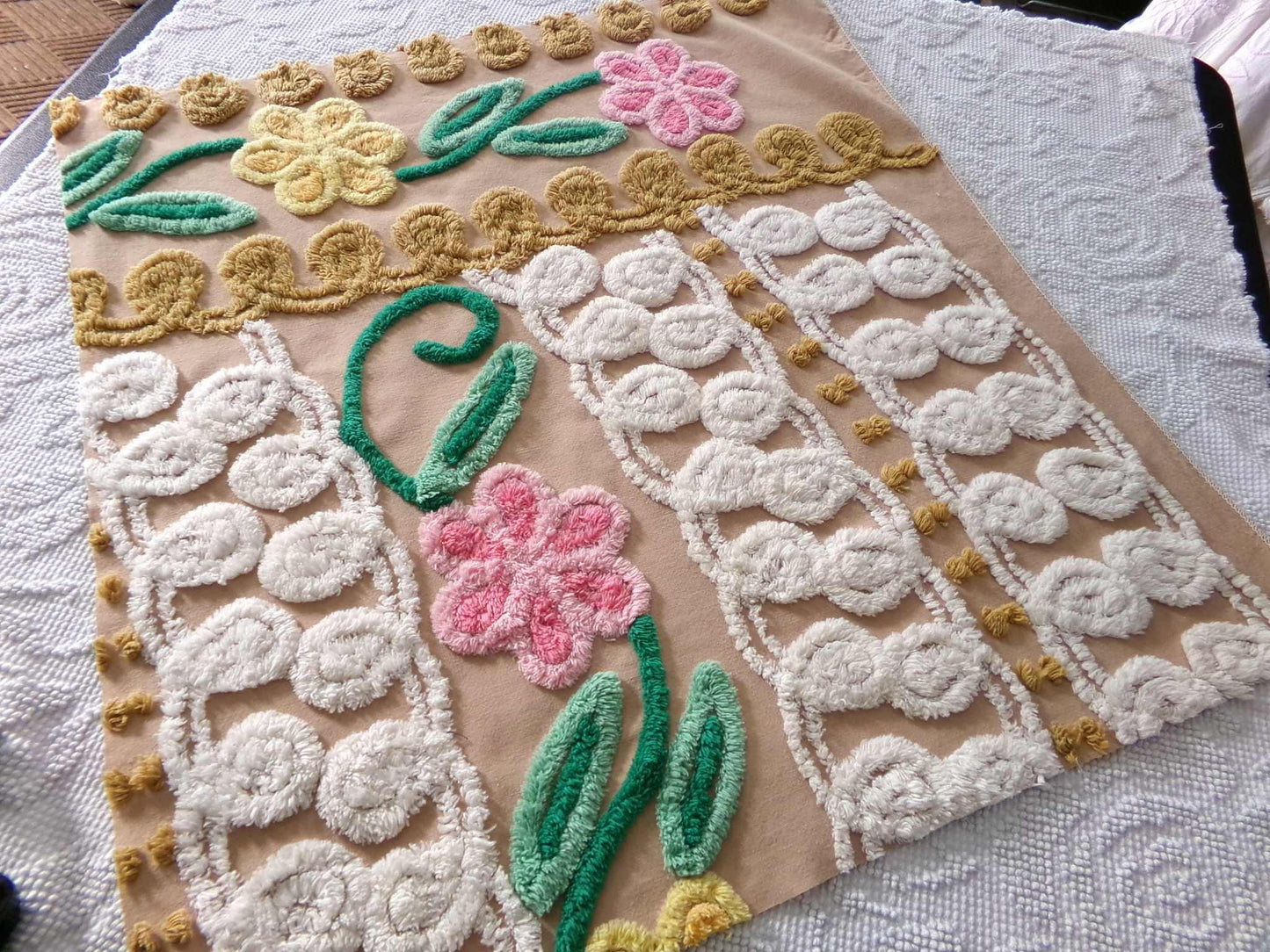 Shabby Cute Caramel Curlicue Floral Vintage Chenille Fabric, 21" x 24" inch Piece, Boho Sewing Material for Pillows, Wall Hangings, Crafts