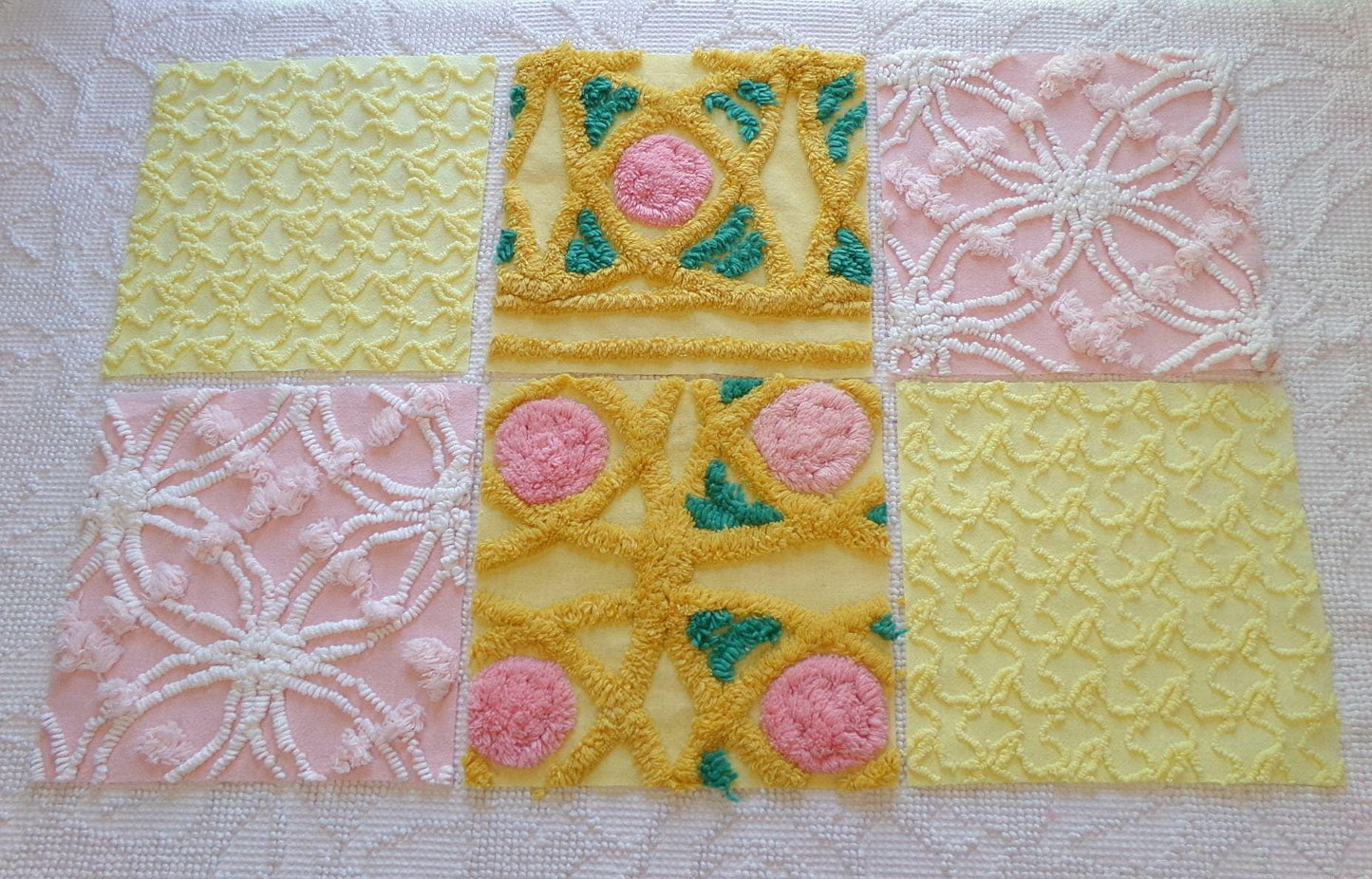 spring sun chenille fabric squares, 7.5" vintage quilt blocks, pink, gold, yellow floral & geometric, set of 6 for sewing, crafts, quilting