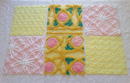 spring sun chenille fabric squares, 7.5" vintage quilt blocks, pink, gold, yellow floral & geometric, set of 6 for sewing, crafts, quilting