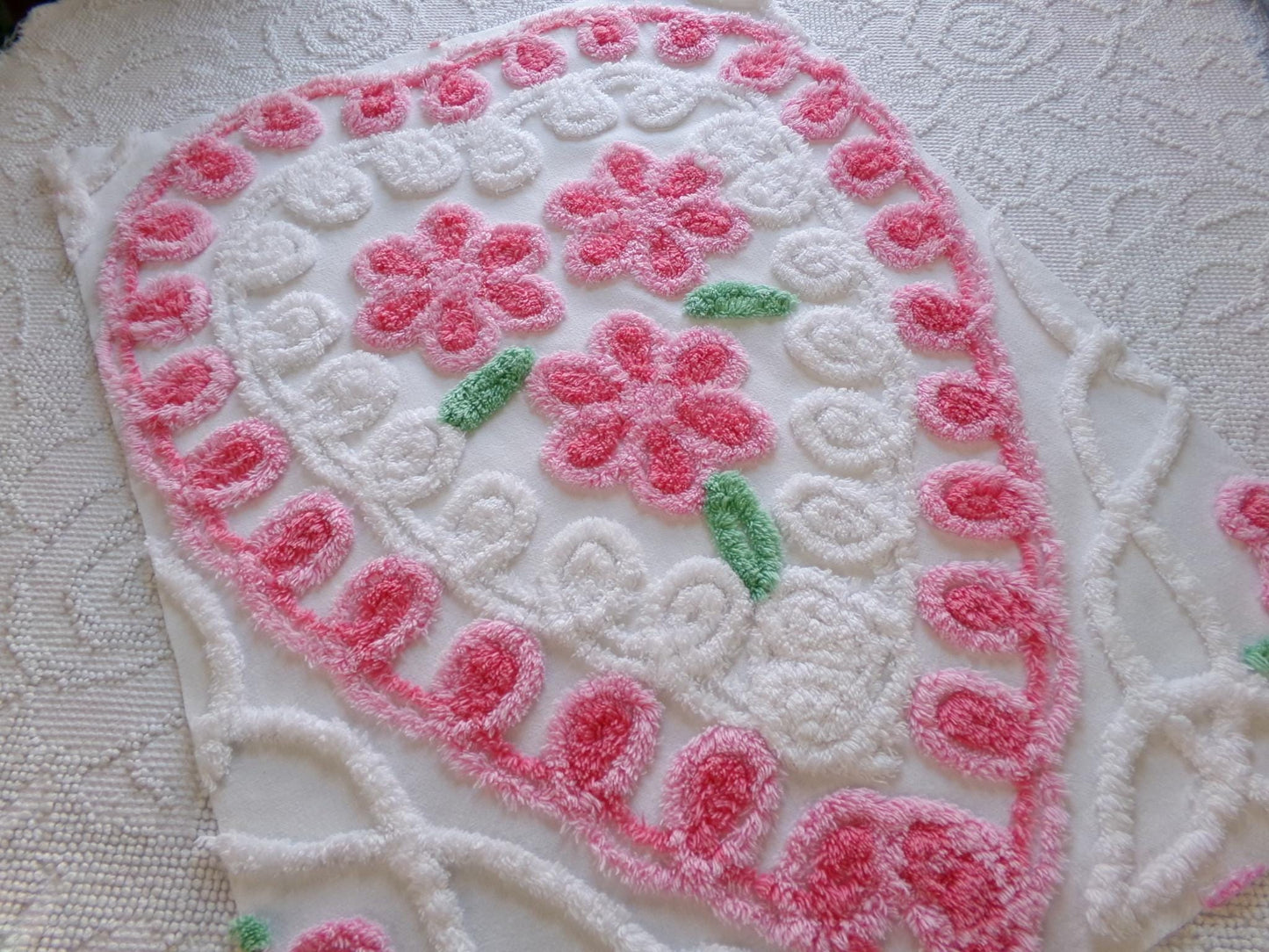pretty pink heart vintage chenille fabric, a trio of roses with curlicue swirls, 17" x 23" inch piece of sewing material great for pillow