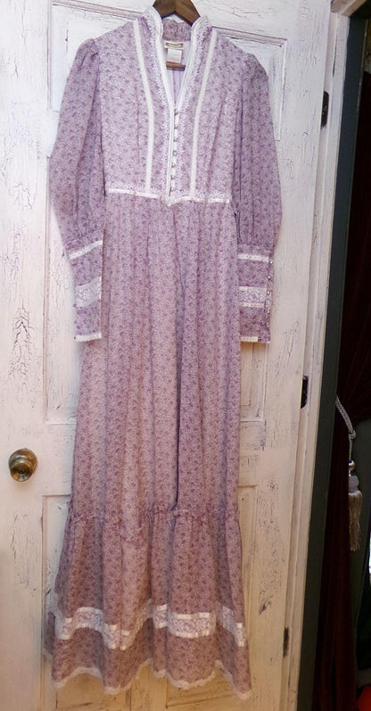 beautiful vintage Gunne Sax maxi dress, 1970s prairie style boho wildflower calico print, XXS