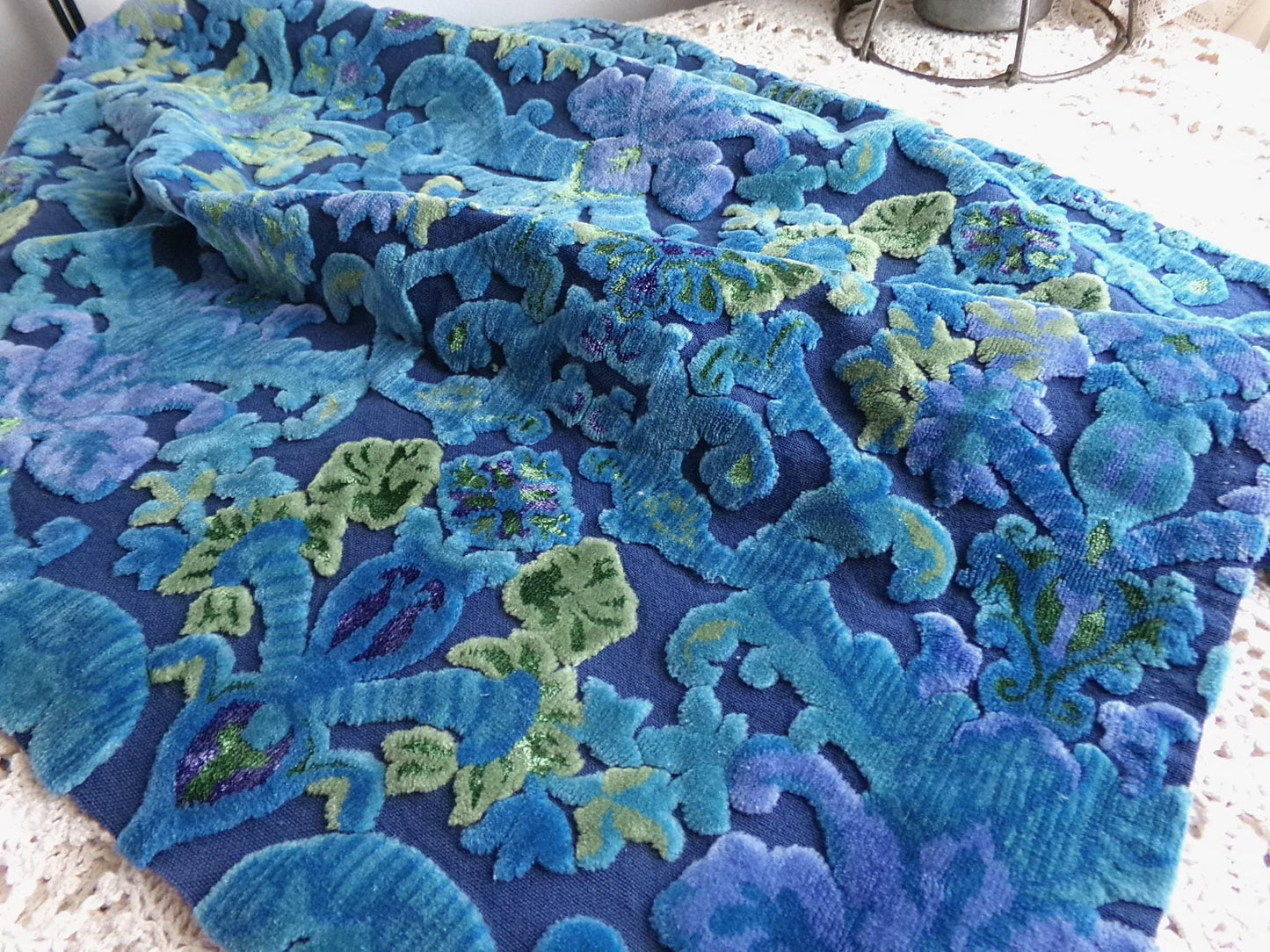 celestial vintage cut velvet fabric, midnight blue mystic Bates tapestry chenille, 18" x 22" inch piece, sewing material for boho bags