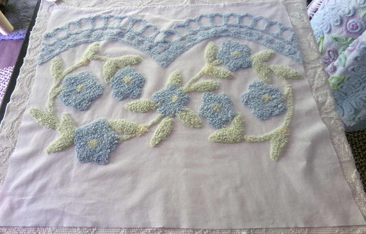 Blooming Blue Flowers Vintage Style Chenille Fabric, 24" x 28" inch Piece, 100% Cotton with Plush Florals, Great for Pillows