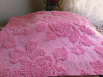 Romantic Pink Rose Dot Vintage Fabric, Reversible Chenille Woven Hobnail Design, 19" x 25" inches,