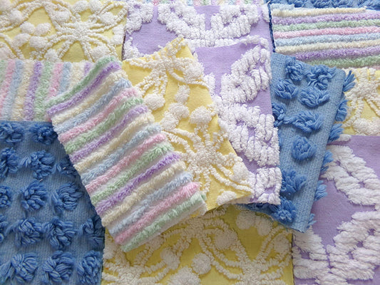 over the rainbow chenille fabric squares, set of 16 vintage quilt blocks 6" inches ea, dreamy serene blue, sunny yellow, soft lilac
