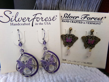 beautiful butterfly earrings, lot of 2 pair butterflies vintage style silver forest dangle pierced earring