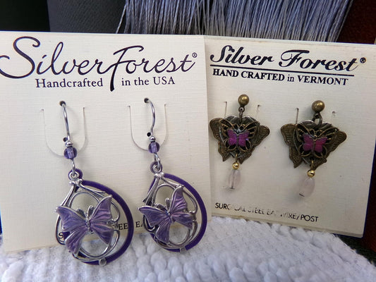 beautiful butterfly earrings, lot of 2 pair butterflies vintage style silver forest dangle pierced earring