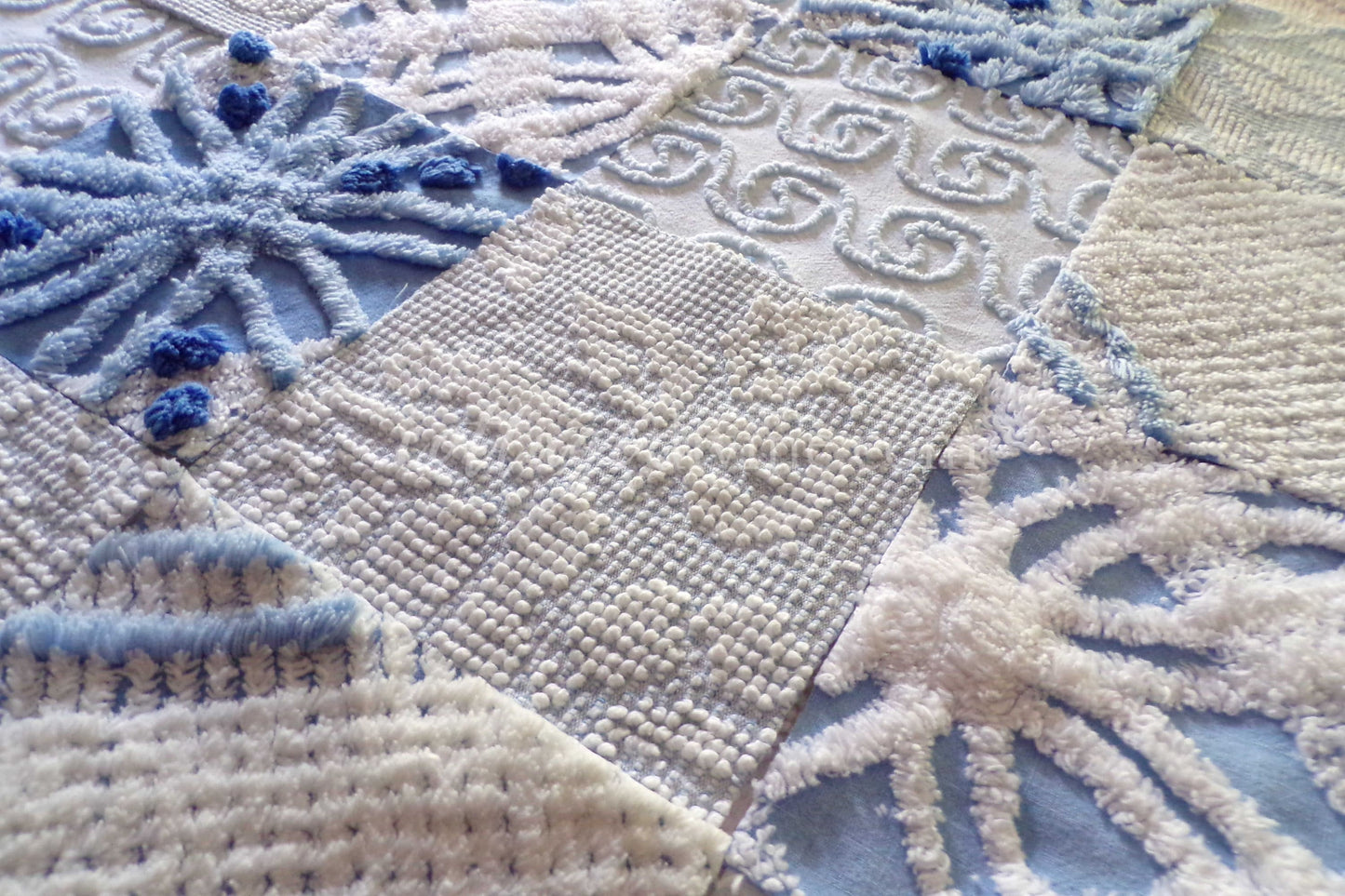 Boho Blues Fabric Squares Set, from Vintage Chenille Bedspread Fabrics, 16 Blocks, 6" x 6" inch
